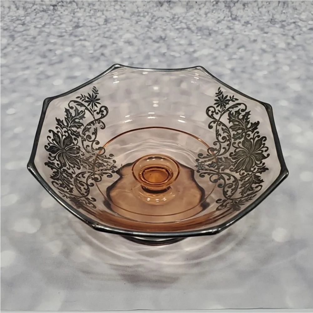 Vtg Pink Depression Glass Bowl Sterling Silver Overlay Octagonal Rim 1930s